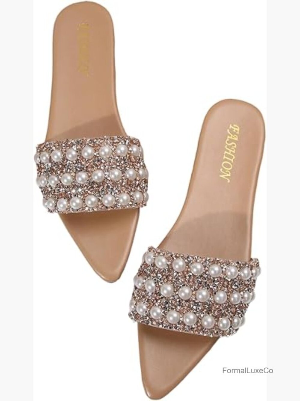 Dressy Flat Slide Sandals with Pearl Rhinestone Pointed Open Toe